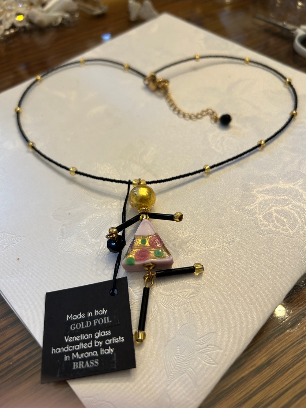 Murano Glass Triangle Pendant Necklace - Pink & Gold